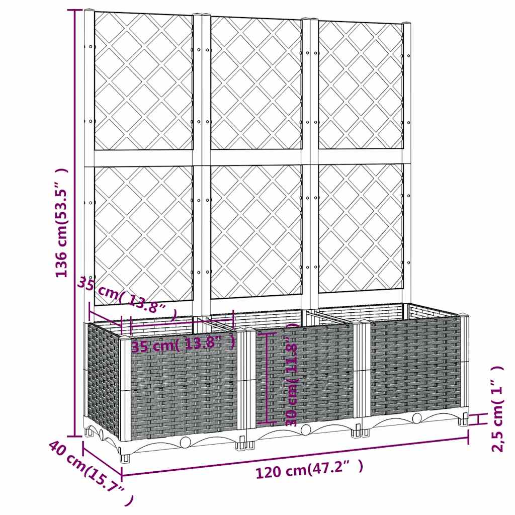 Plantekasse med espalier blågrå 120x40x136 cm PP