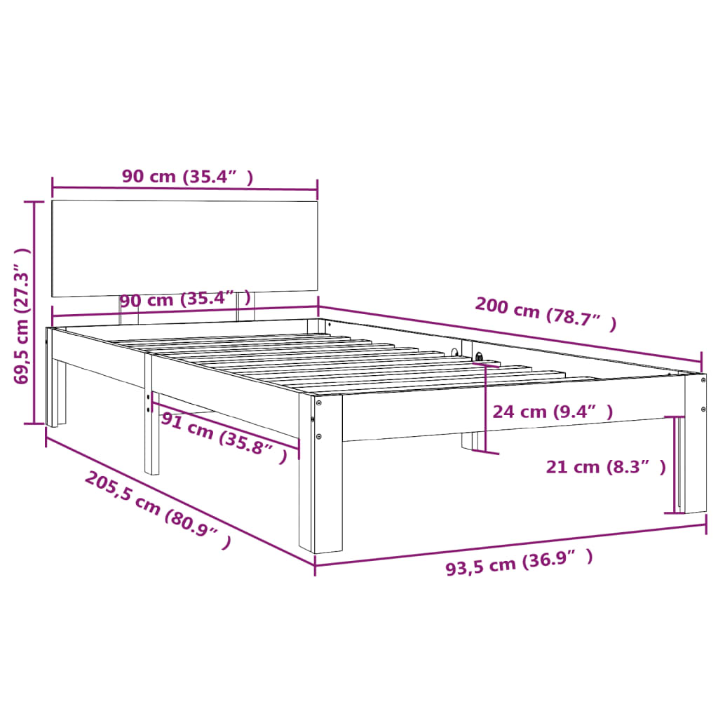 Sengeramme hvit heltre furu 90x200 cm