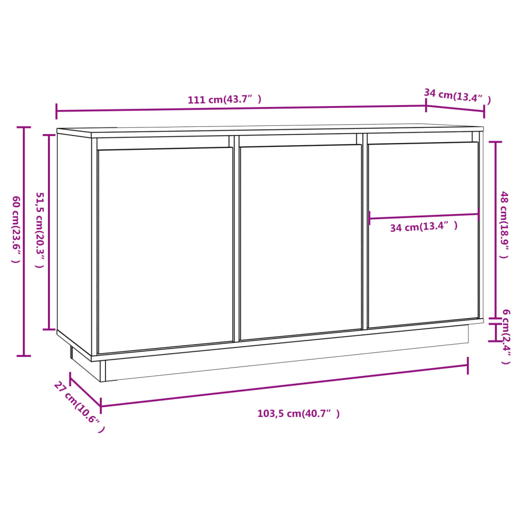 Skjenk hvit 111x34x60 cm heltre furu
