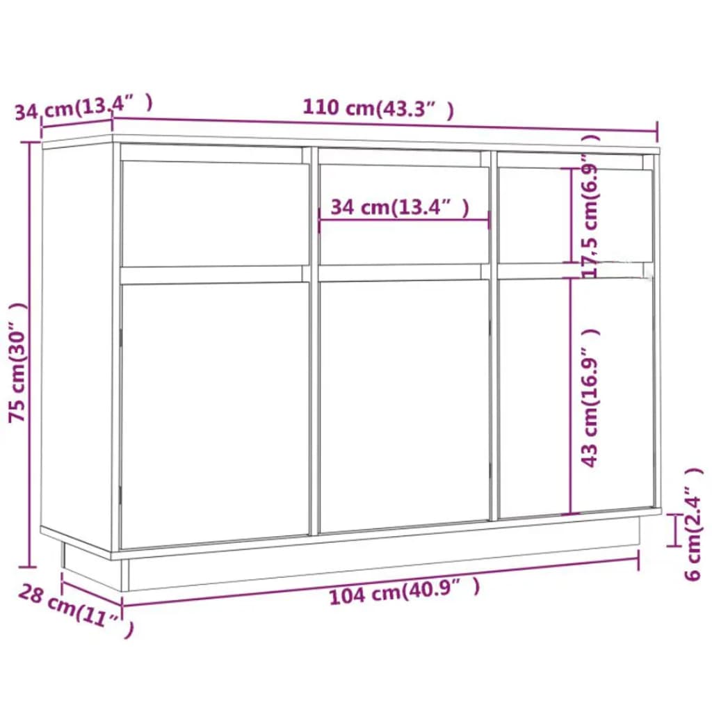 Skjenk 110x34x75 cm heltre furu vidaXL