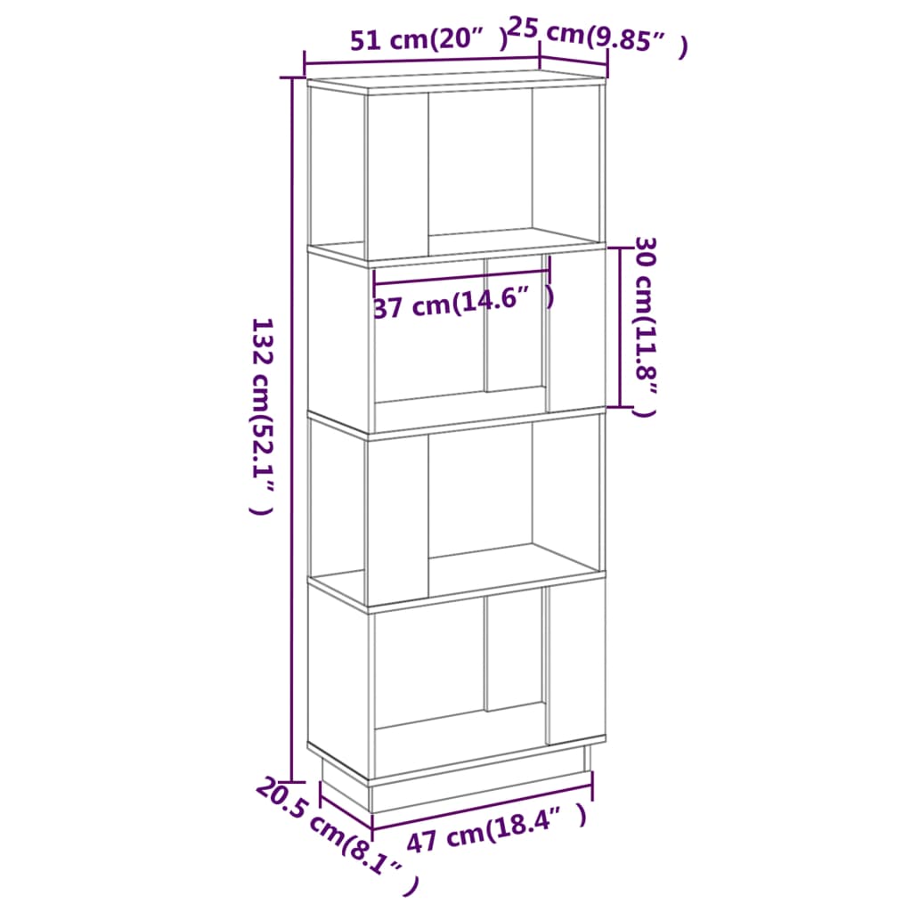 Bokhylle/romdeler hvit 51x25x132 cm heltre furu