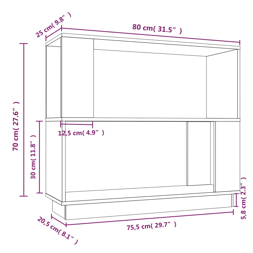 Bokhylle/romdeler hvit 80x25x70 cm heltre furu