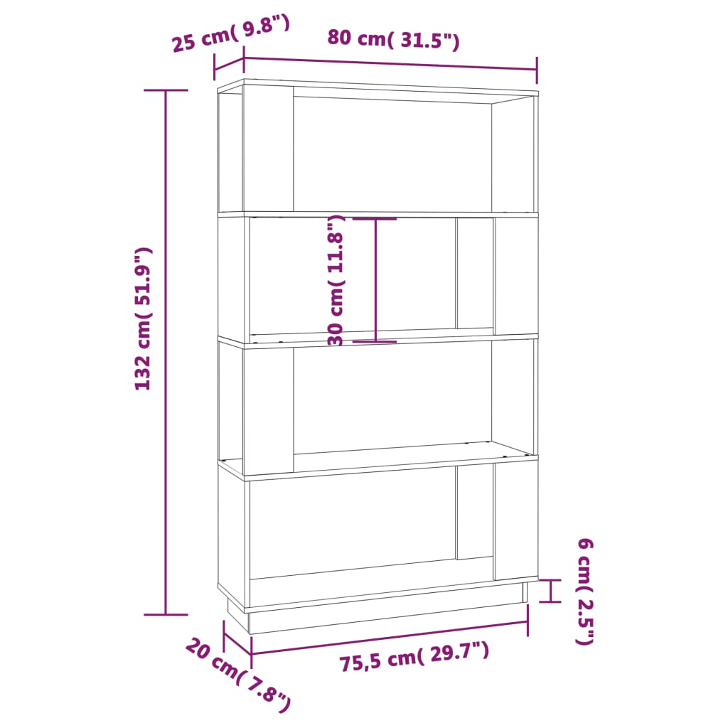 Bokhylle/romdeler 80x25x132 cm heltre furu