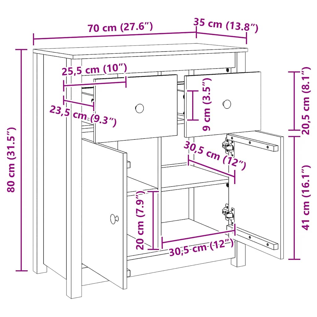 Skjenk hvit 70x35x80 cm heltre furu
