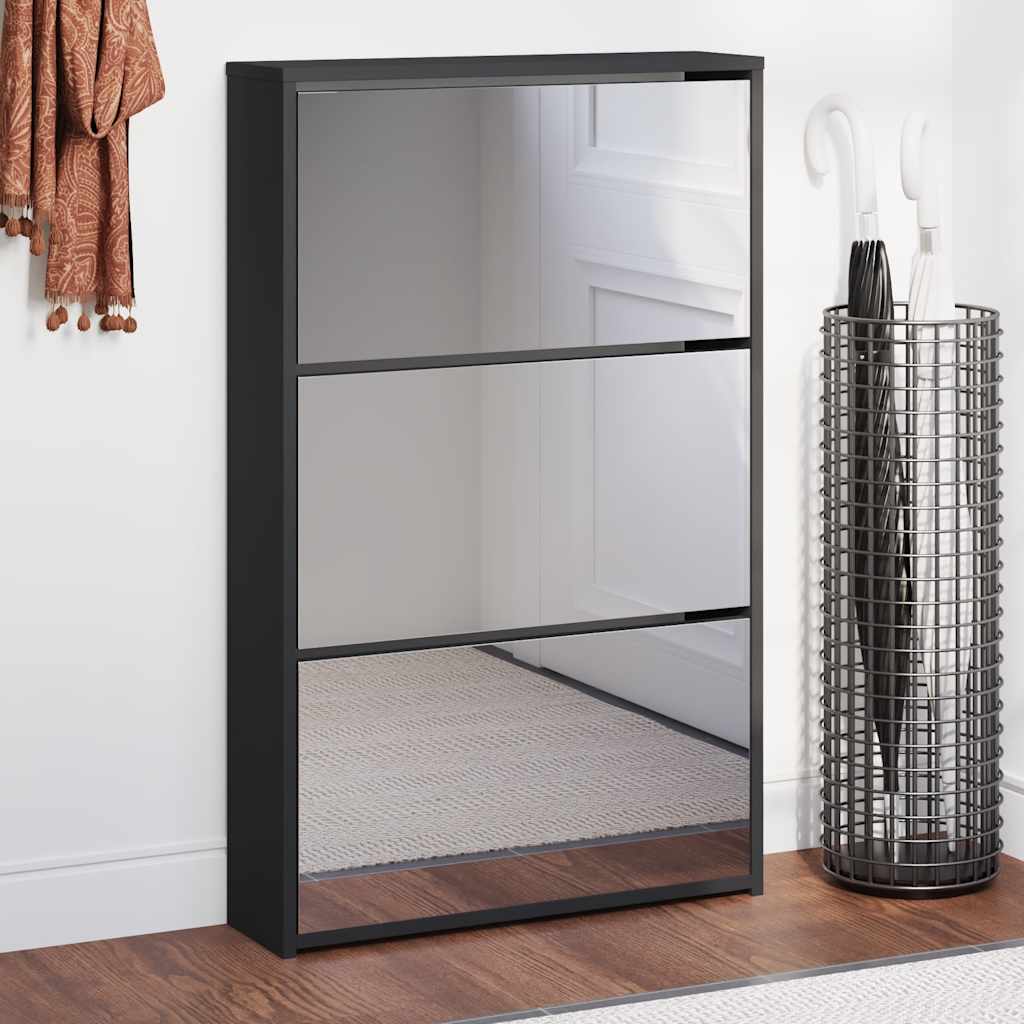 Skoskap med speil 3-lags svart 63x17x102,5 cm