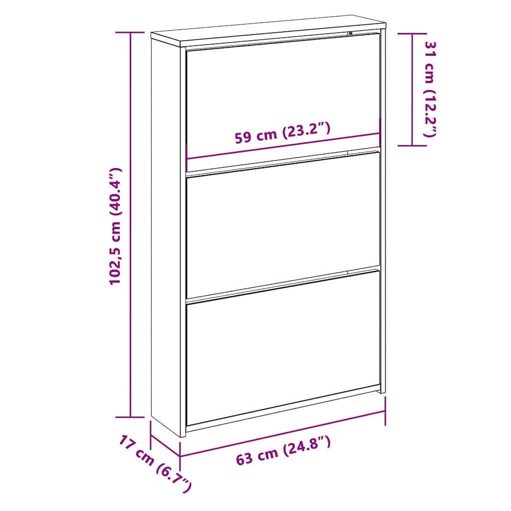 Skoskap med speil 3 lag brun eik 63x17x102,5 cm
