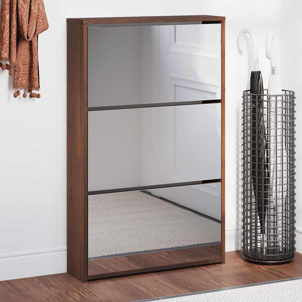 Skoskap med speil 3 lag brun eik 63x17x102,5 cm
