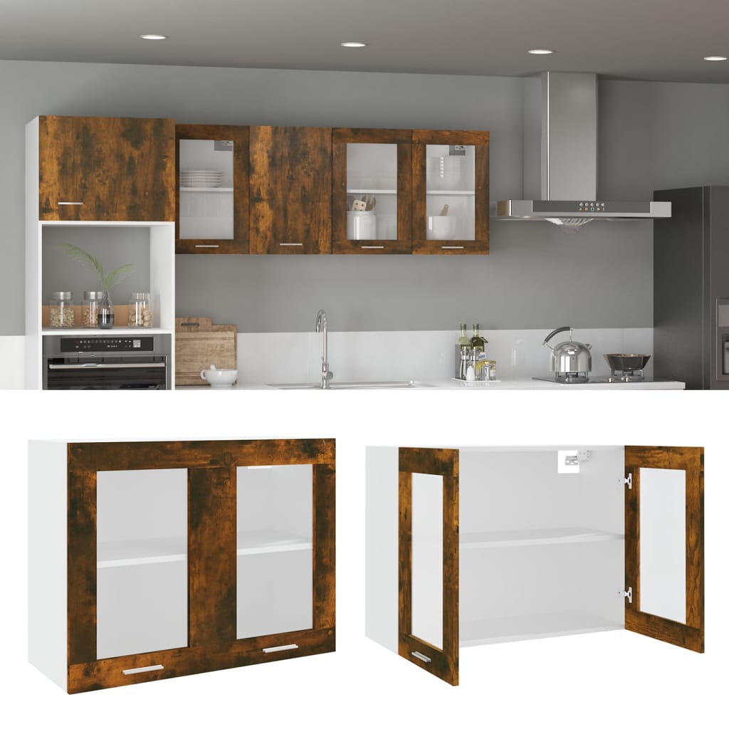 Vegghengt glasskap "Lyon" røkt eik 80x31x60 cm konstruert tre