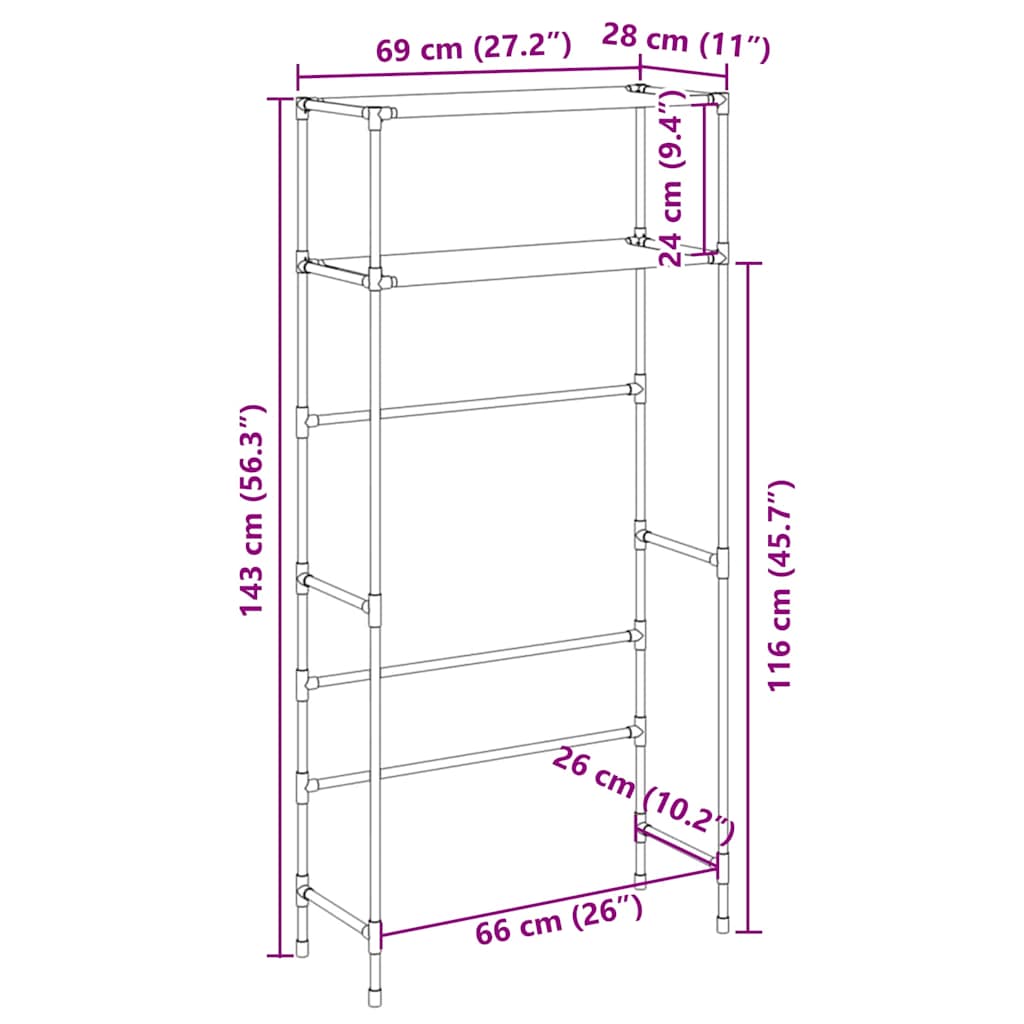 Hylle for vaskemaskin 2 lag svart 69x28x143 cm jern