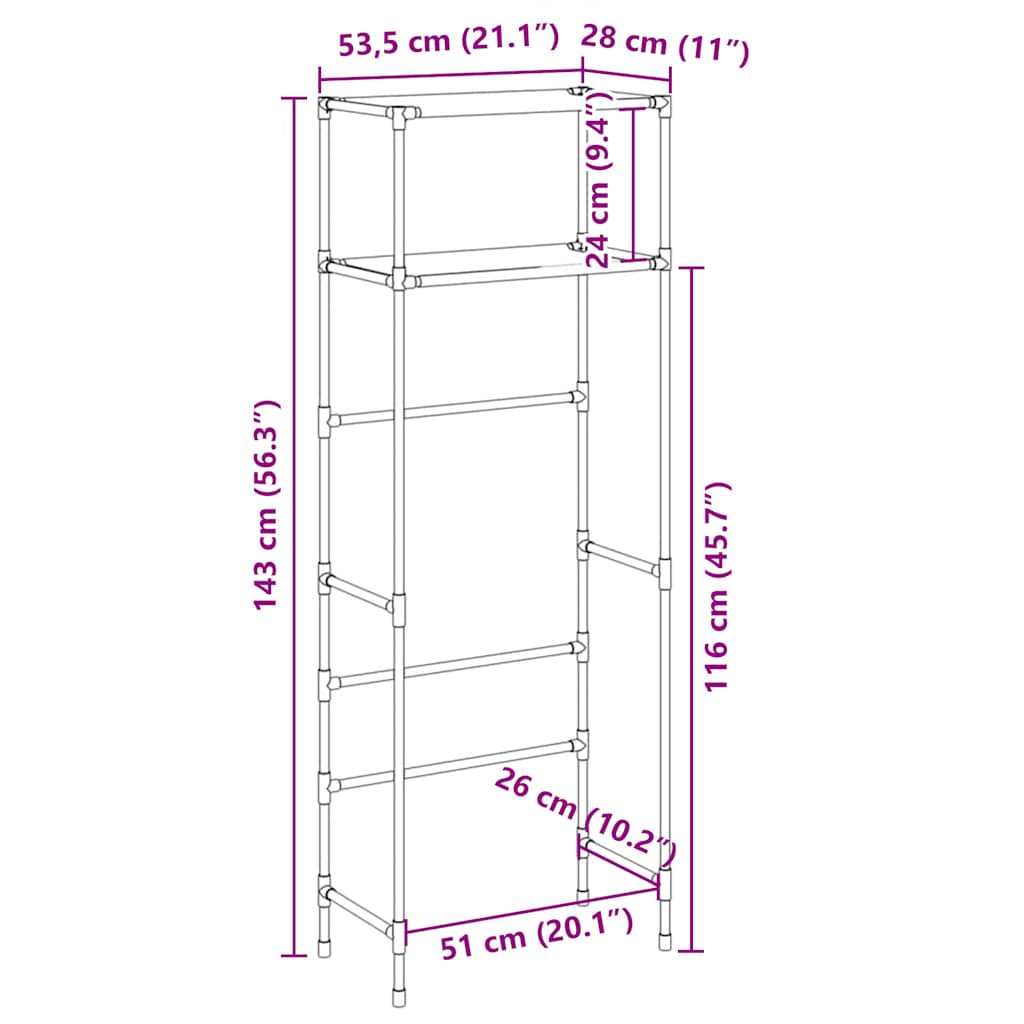 Oppbevaringsstativ 2 hyller toalett svart 53,5x28x143 cm jern
