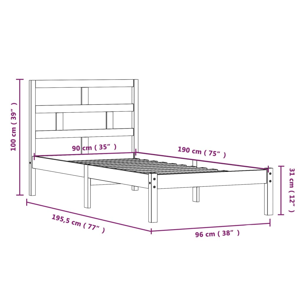 Sengeramme hvit 90x190 cm Single heltre