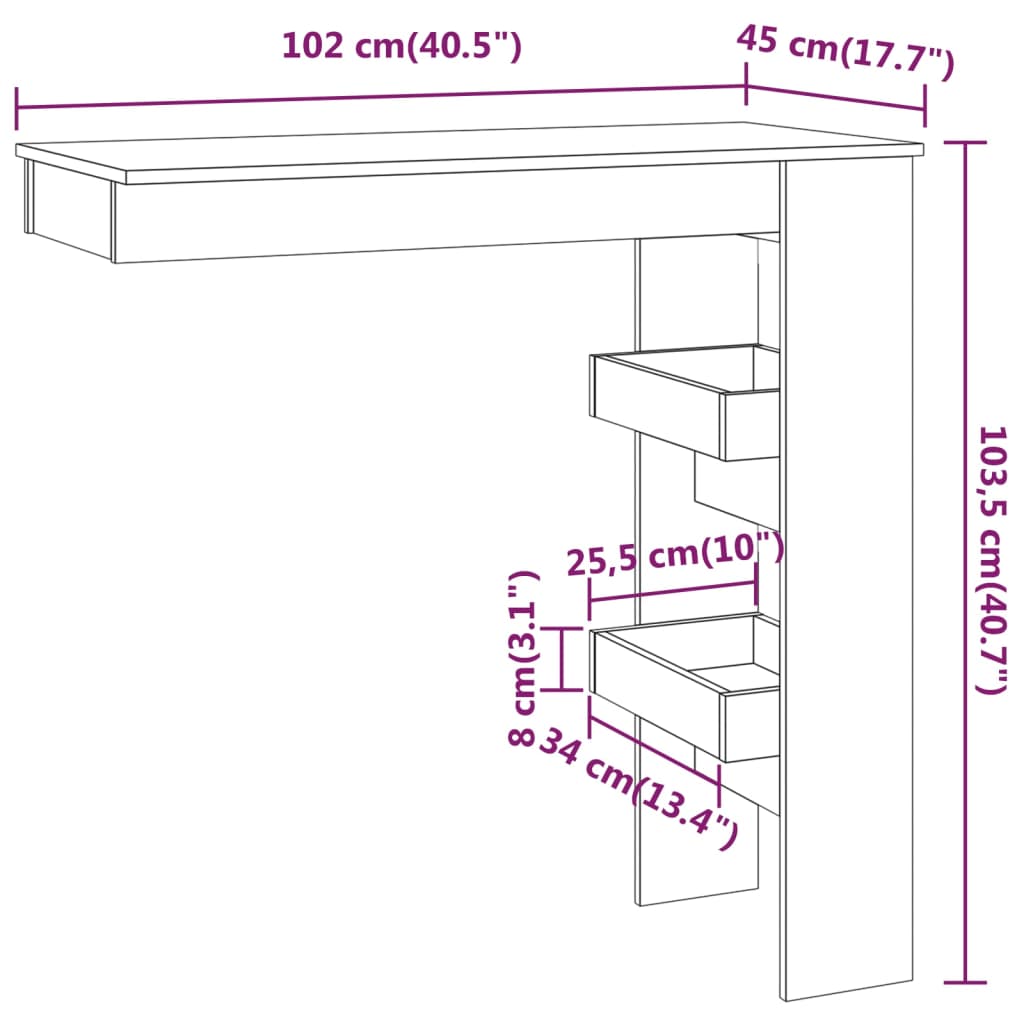 Veggmontert barbord betonggrå 102x45x103,5 cm konstruert tre