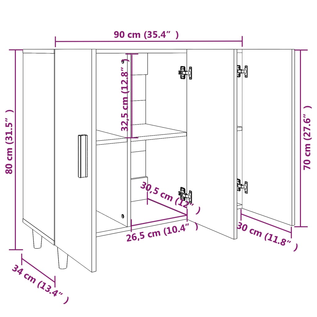 Skjenk hvit 90x34x80 cm konstruert tre