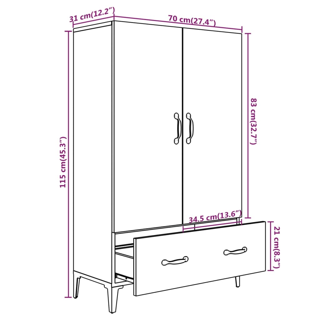 Highboard hvit 70x31x115 cm konstruert tre