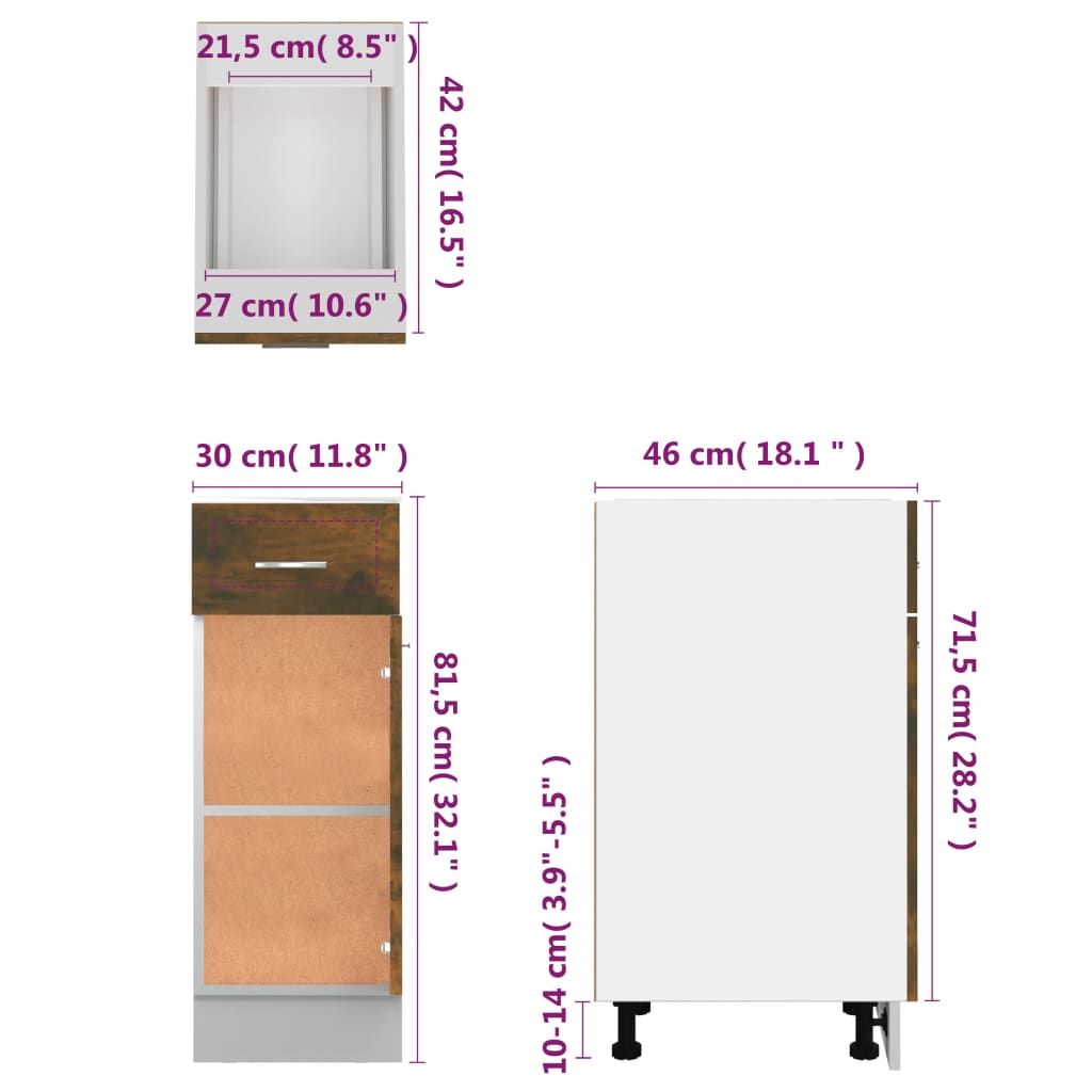 Underskap med skuff Lyon røkt eik 30x46x81,5 cm konstruert tre