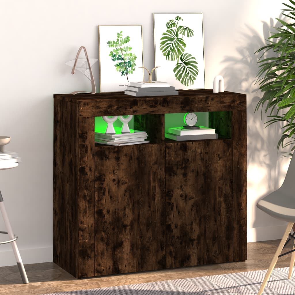Skjenk med LED-lys røkt eik 80x35x75 cm