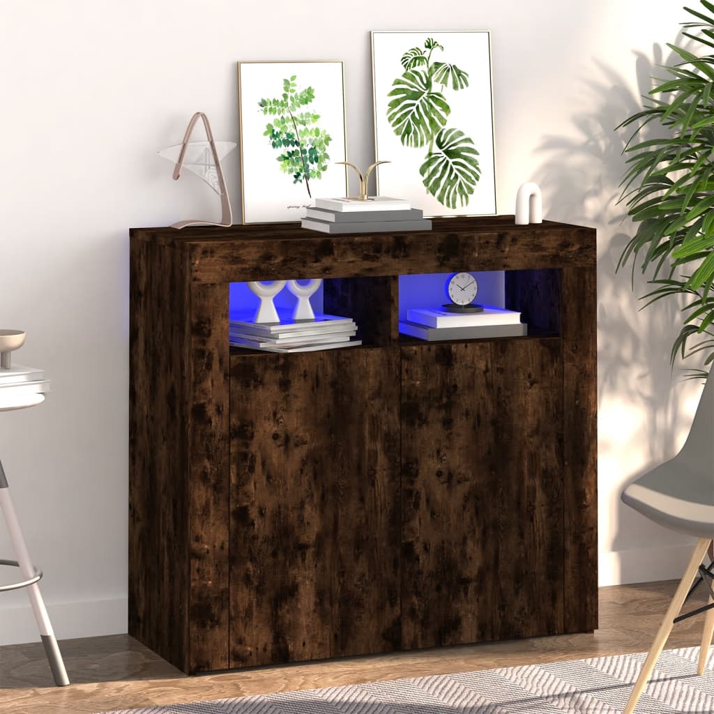 Skjenk med LED-lys røkt eik 80x35x75 cm