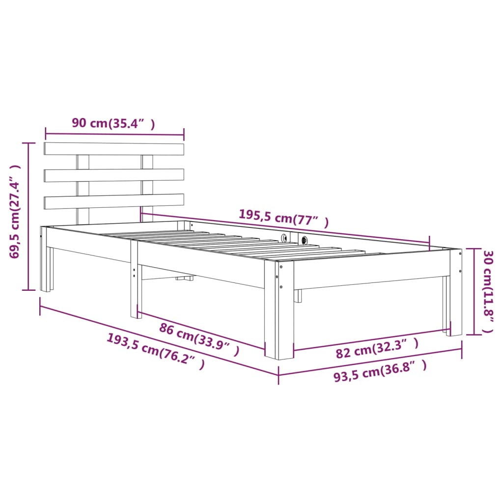 Sengeramme hvit heltre 90x190 cm Single