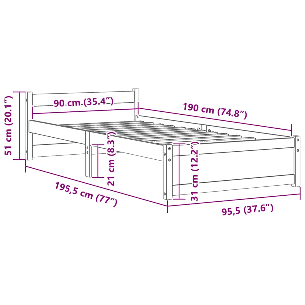 Sengeramme hvit heltre 90x190 cm Single