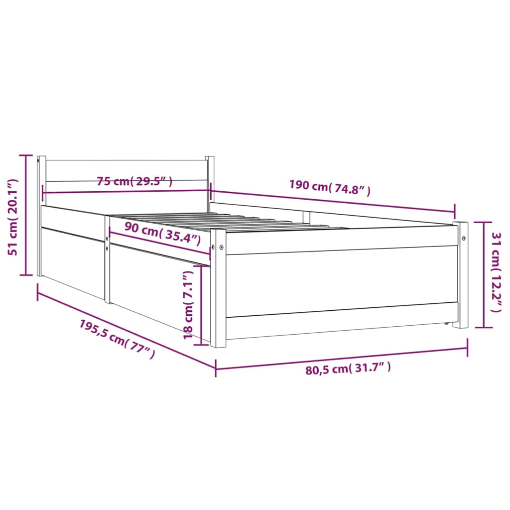 Sengeramme med skuffer 75x190 cm Small Single