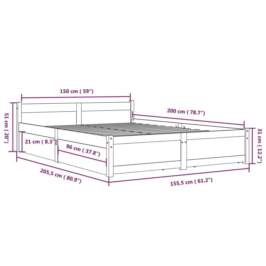Sengeramme med skuffer hvit 150x200 cm King Size