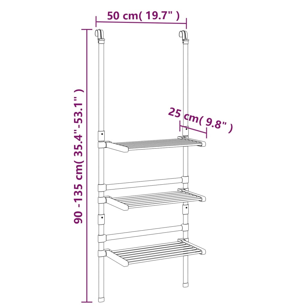 Hengende tørkestativ med 3 etasjer aluminium