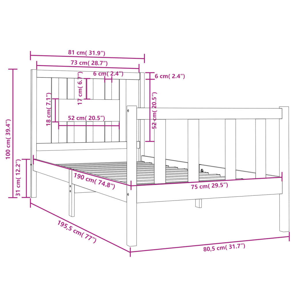 Sengeramme svart heltre 75x190 cm Small Single