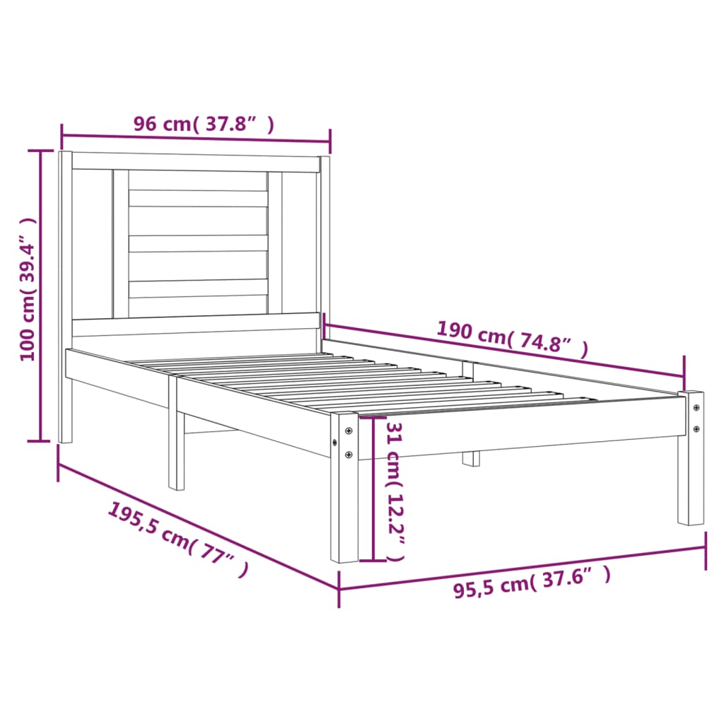 Sengeramme uten madrass hvit 90x190 cm heltre furu