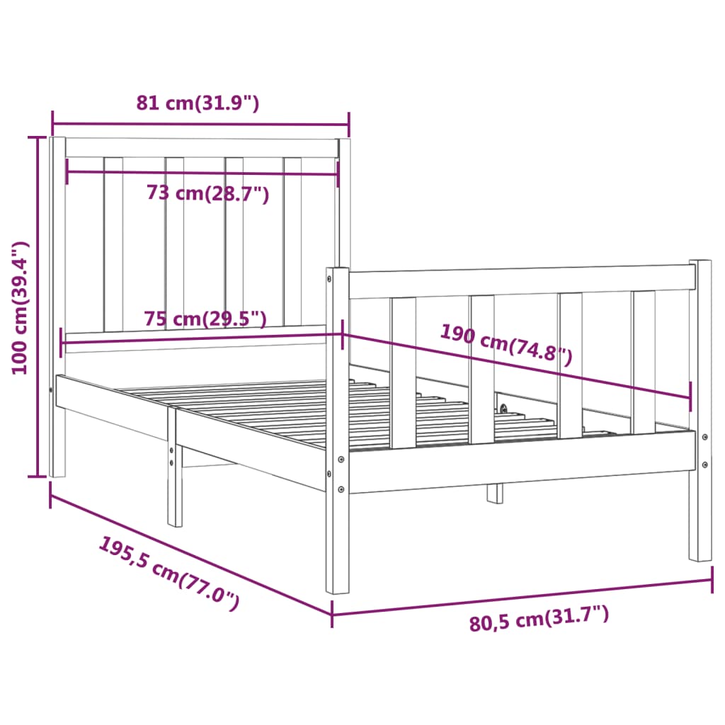 Sengeramme svart heltre 75x190 cm Small Single