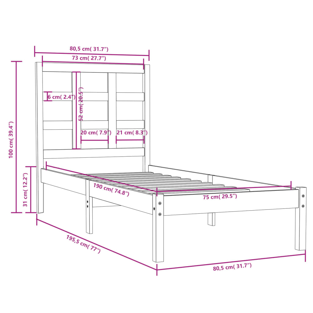 Sengeramme hvit heltre 75x190 cm Small Single