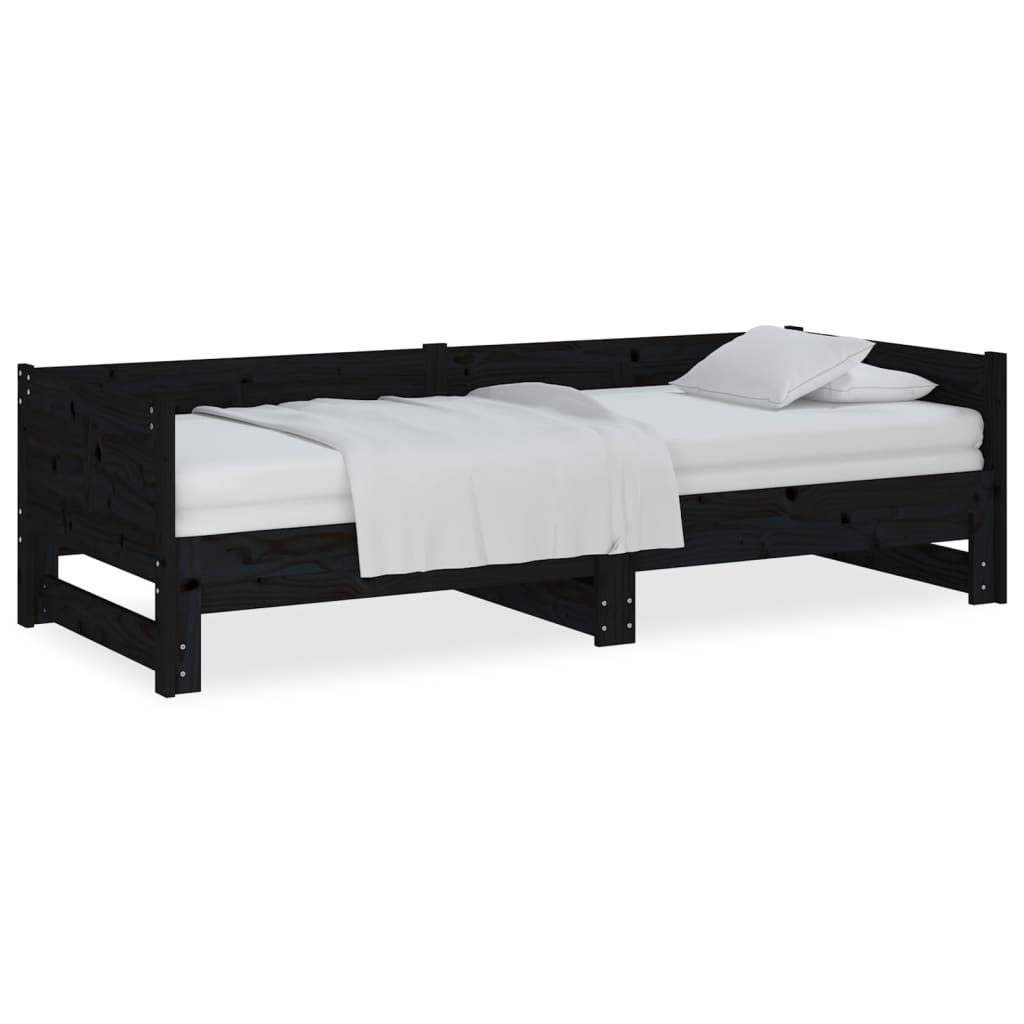 Uttrekkbar dagseng svart heltre furu 2x(90x190) cm