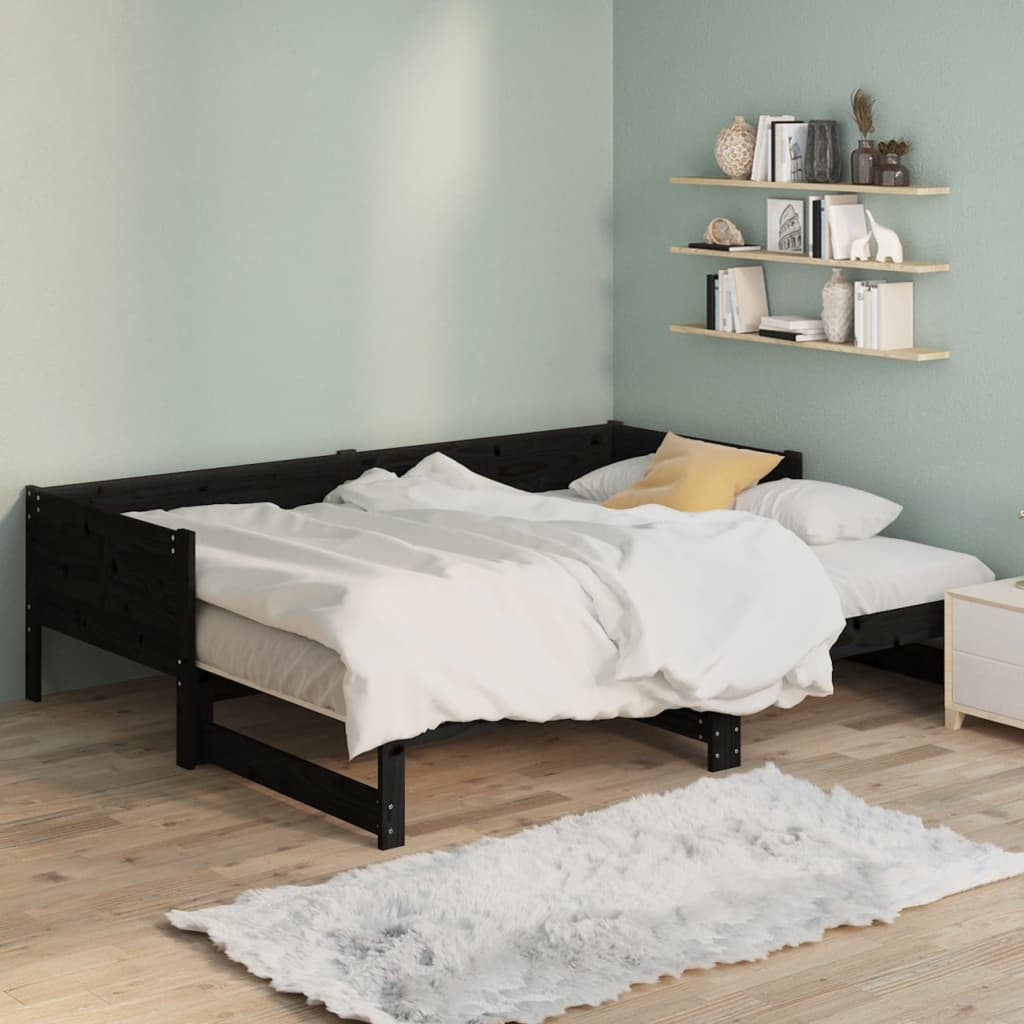 Uttrekkbar dagseng svart heltre furu 2x(90x190) cm