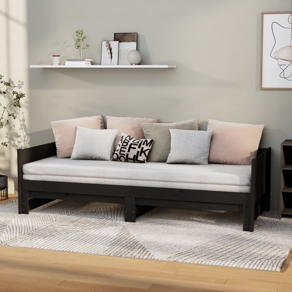 Uttrekkbar dagseng svart heltre furu 2x(90x190) cm