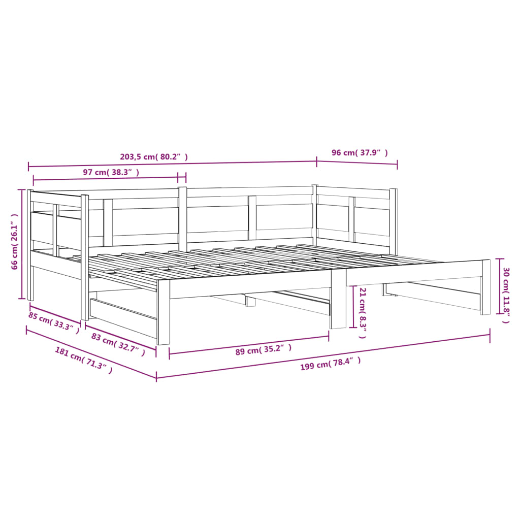 Uttrekkbar dagseng hvit heltre furu 2x(90x200) cm