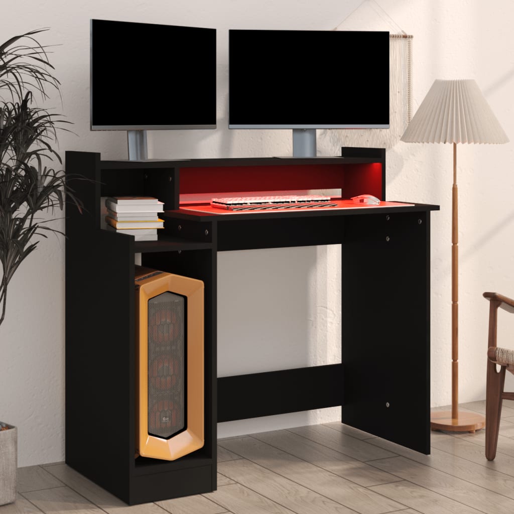 Skrivebord med LED-lys svart 97x45x90 cm konstruert tre