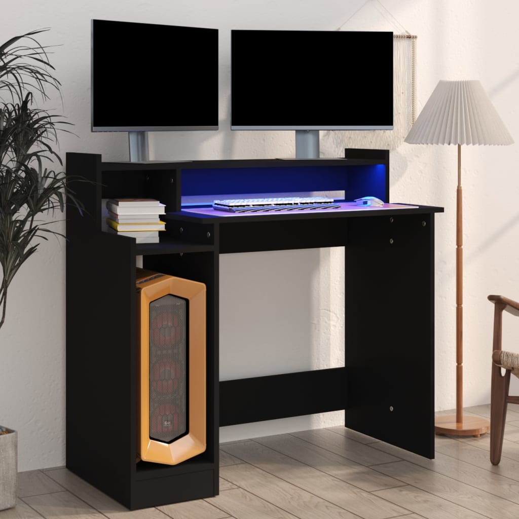 Skrivebord med LED-lys svart 97x45x90 cm konstruert tre