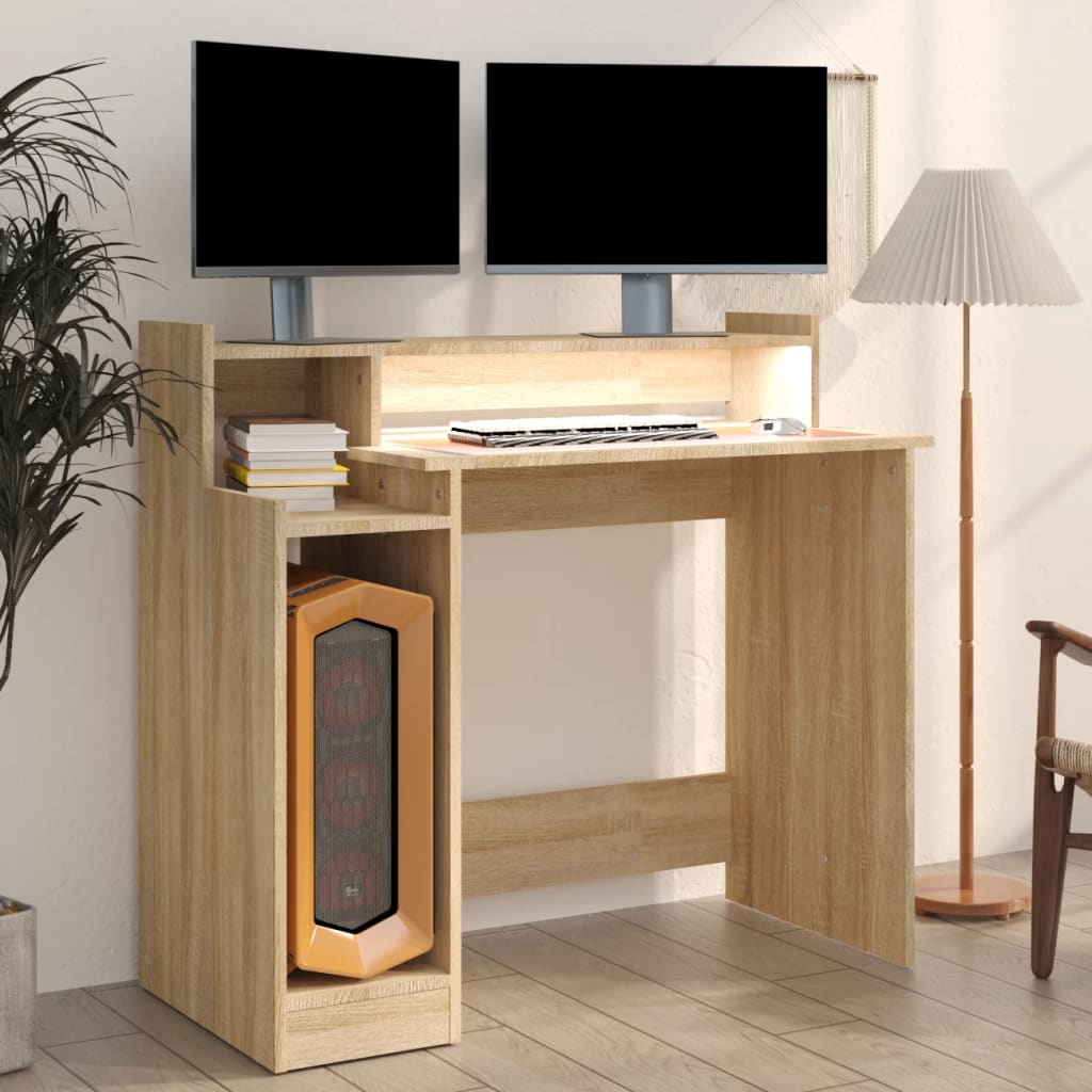 Skrivebord med LED-lys sonoma eik 97x45x90 cm konstruert tre