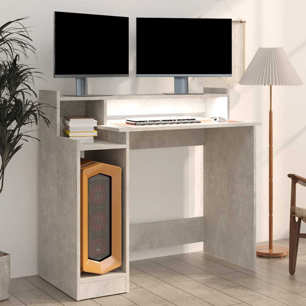 Skrivebord med LED-lys betonggrå 97x45x90 cm konstruert tre