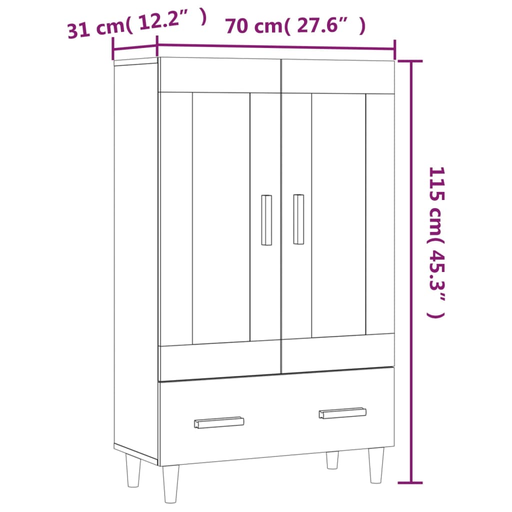 Highboard hvit 70x31x115 cm konstruert tre