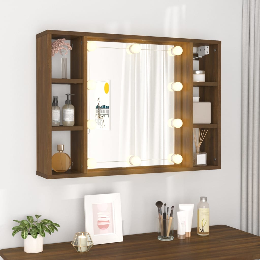 Speilskap med LED brun eik 76x15x55 cm