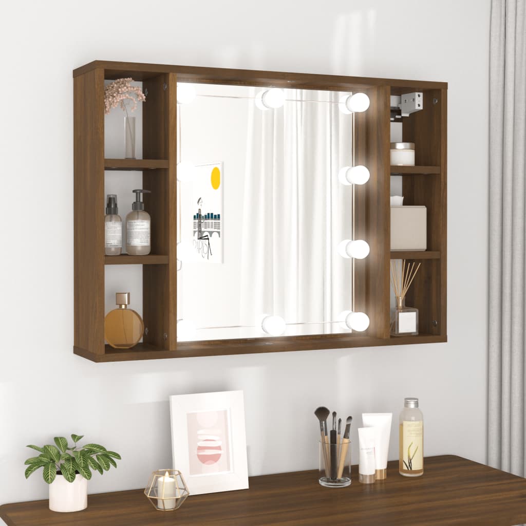 Speilskap med LED brun eik 76x15x55 cm