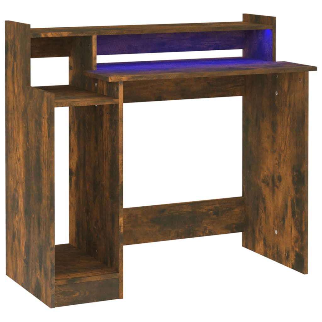 Skrivebord med LED-lys røkt eik 97x45x90 cm konstruert tre