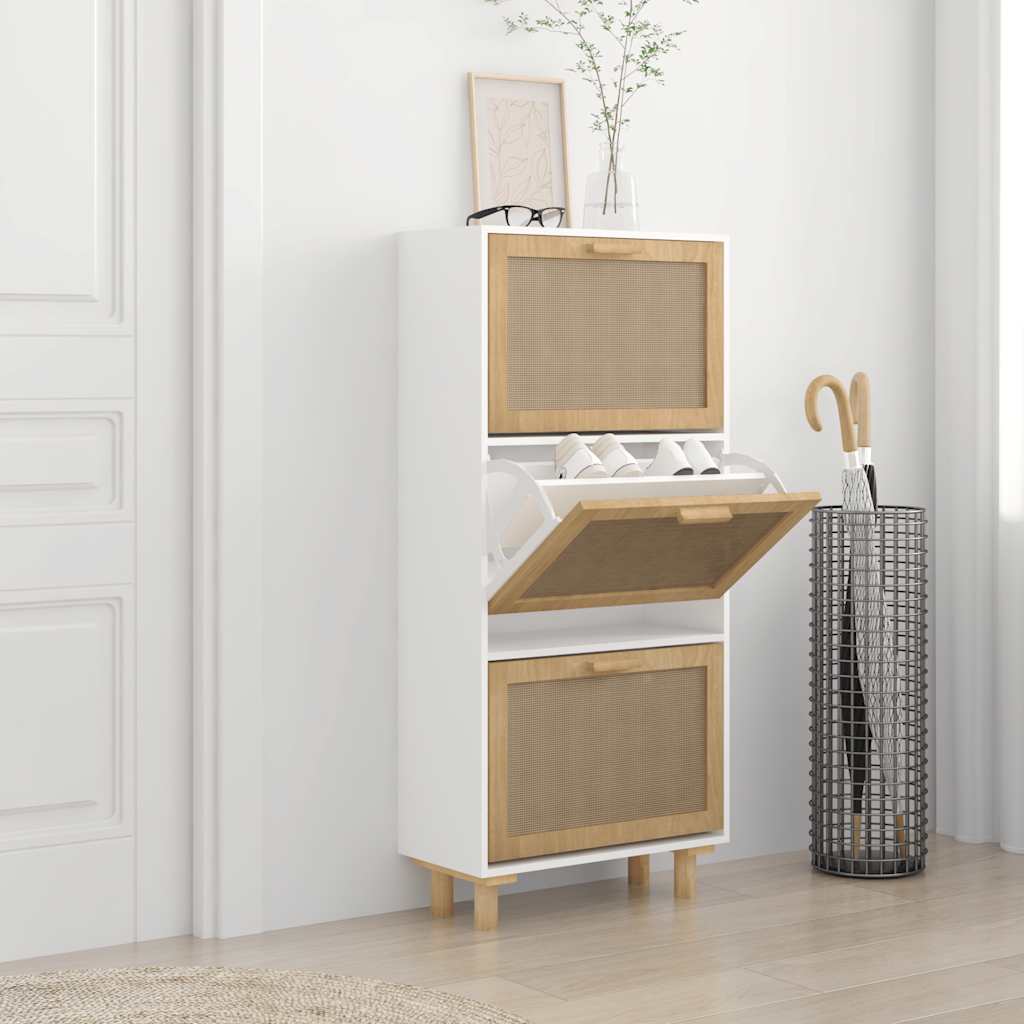 Skoskap hvit 52x25x115 cm konstruert tre og naturlig rotting