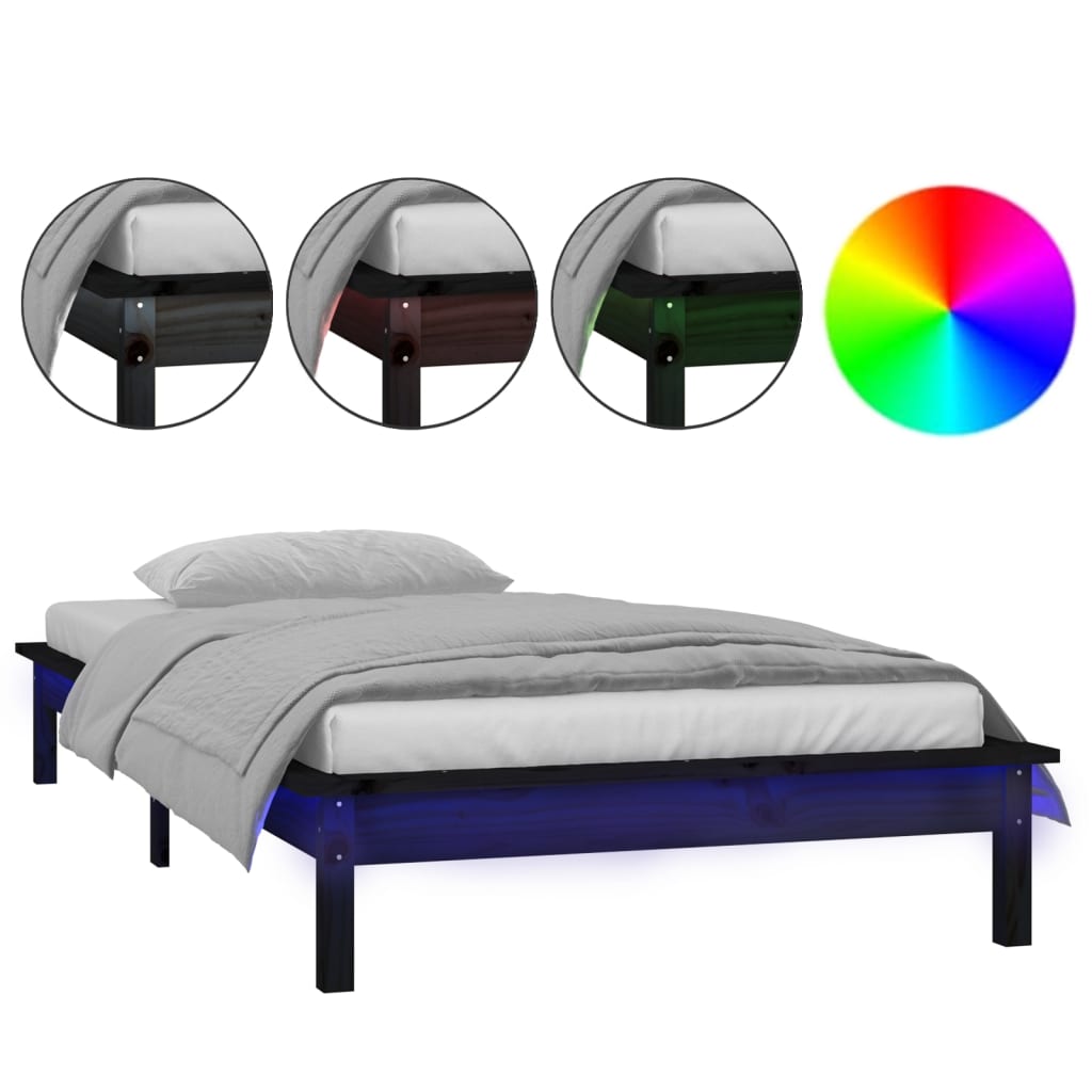 Sengeramme med LED svart 100x200 cm heltre