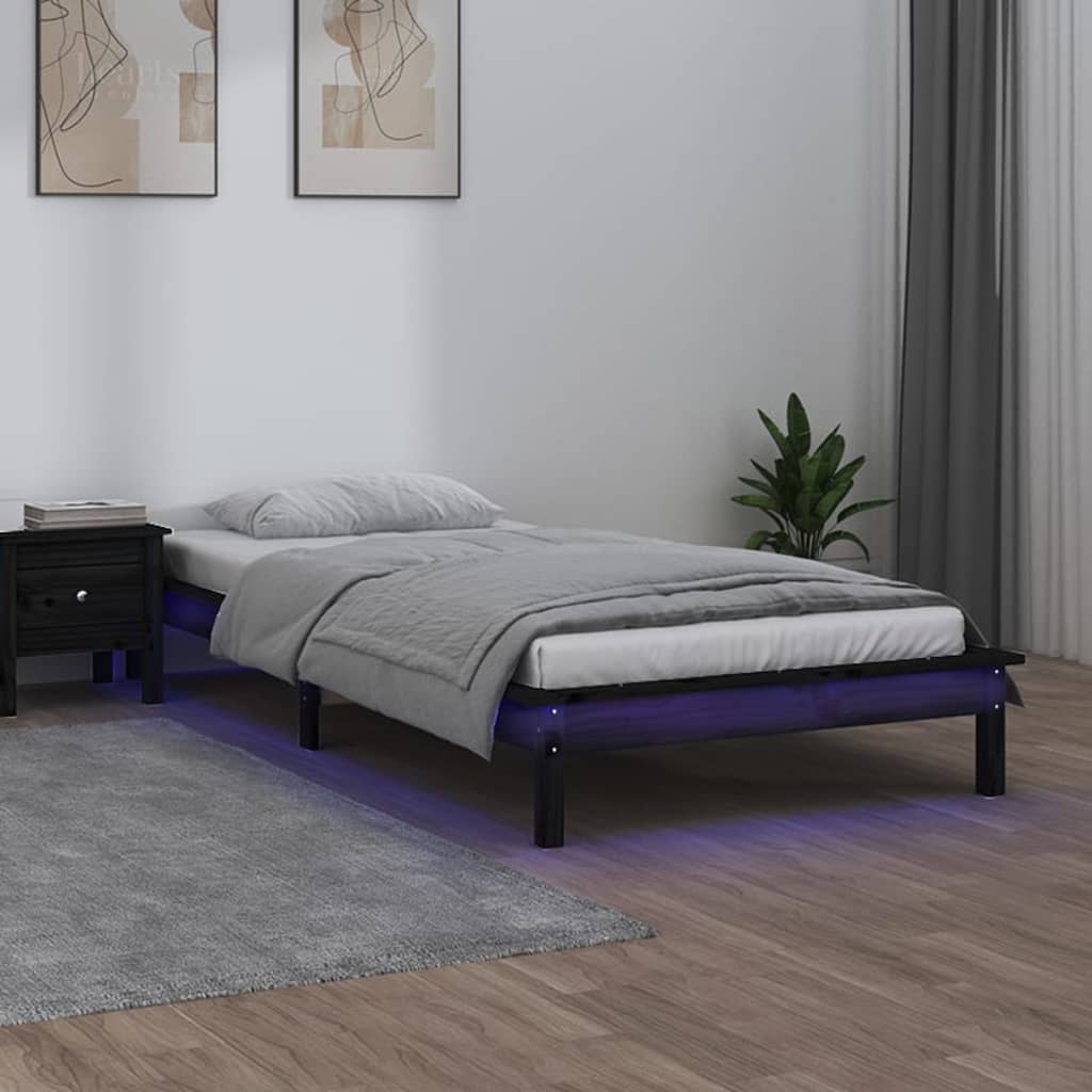 Sengeramme med LED svart 100x200 cm heltre
