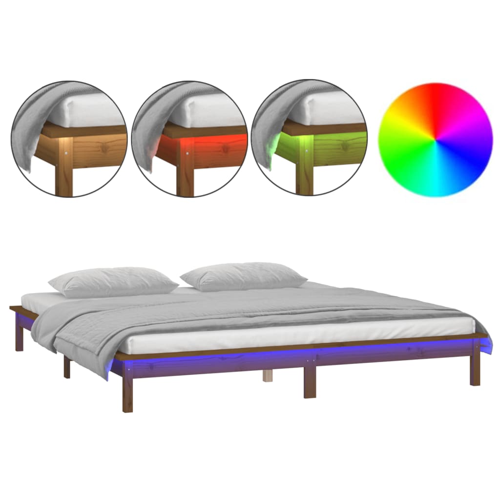 Sengeramme med LED honningbrun 140x190 cm heltre