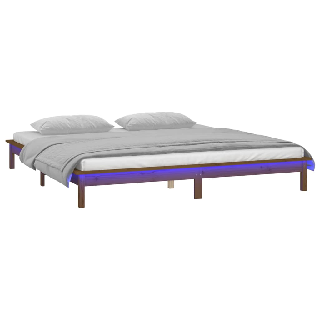 Sengeramme med LED honningbrun 140x190 cm heltre