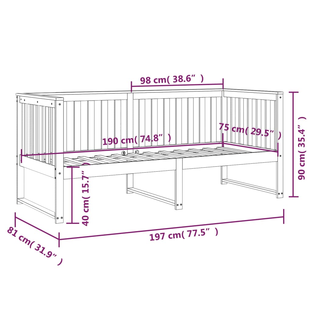 Dagseng uten madrass hvit 75x190 cm heltre furu