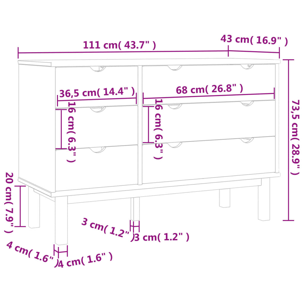 Kommode OTTA brun og hvit 111x43x73,5 cm heltre furu