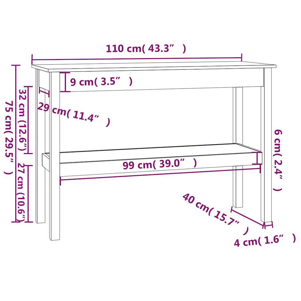 Konsollbord 110x40x75 cm heltre furu